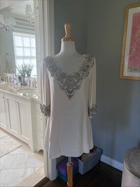 Marchesa Ivory Beaded V-Neck Tunic with Crystal Floral Embellishment